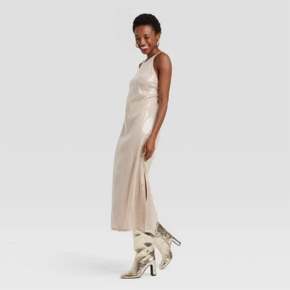 A New Day Women's Sequin Midi A-Line Dress Halter Neckline Side Slit Tan XXL - Picture 4 of 4